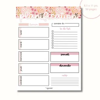 ENSEIGNANTES INSPIRANTES BLOC-NOTE PLANIFICATION HEBDOMADAIRE - ROSE FLEURIE