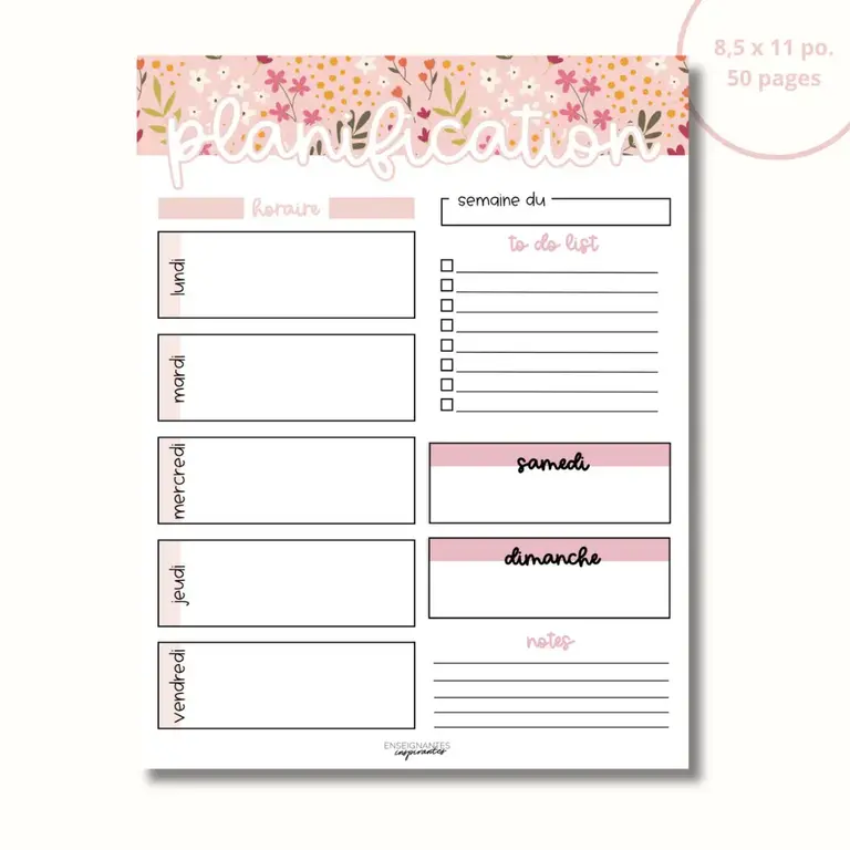 ENSEIGNANTES INSPIRANTES BLOC-NOTE PLANIFICATION HEBDOMADAIRE - ROSE FLEURIE