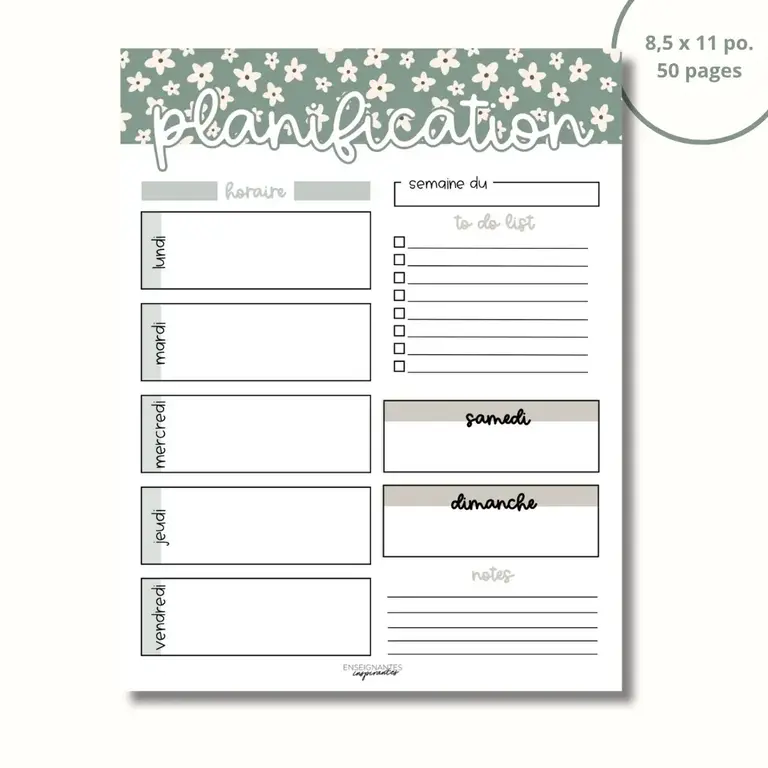 ENSEIGNANTES INSPIRANTES BLOC-NOTE PLANIFICATION HEBDOMADAIRE- SAUGE