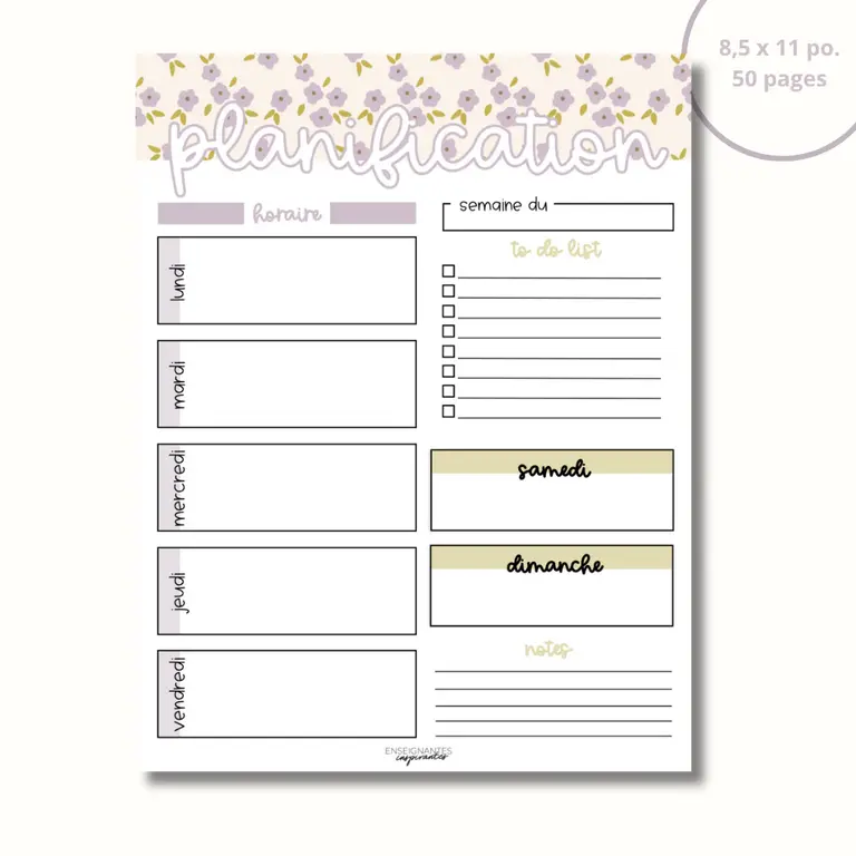 ENSEIGNANTES INSPIRANTES BLOC-NOTE PLANIFICATION HEBDOMADAIRE - LAVANDE