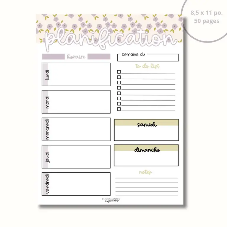 ENSEIGNANTES INSPIRANTES BLOC-NOTE PLANIFICATION HEBDOMADAIRE - LAVANDE