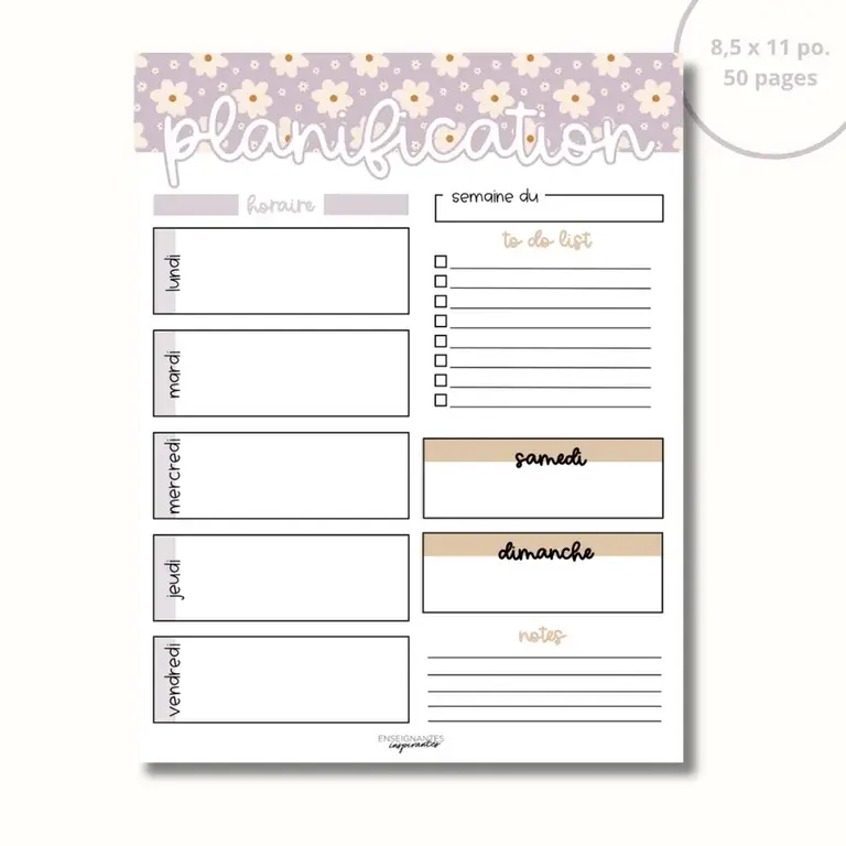 ENSEIGNANTES INSPIRANTES BLOC-NOTE PLANIFICATION HEBDOMADAIRE - MARGUERITES LILAS