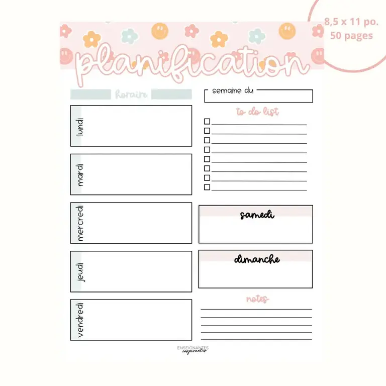 ENSEIGNANTES INSPIRANTES BLOC-NOTE PLANIFICATION HEBDOMADAIRE - SOURIRES ET FLEURS PASTELS