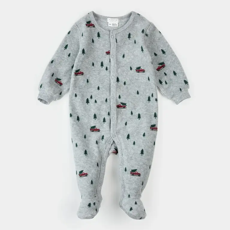 PETIT LEM PYJAMA À PATTES EN VELOURS À IMPRIMÉ CAMION FESTIF - GRIS