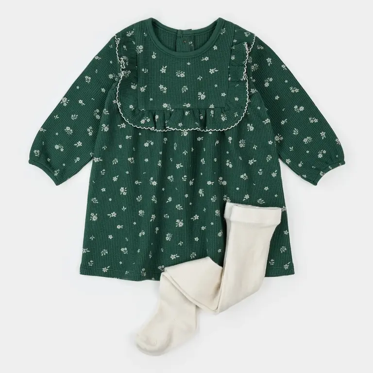 PETIT LEM ENSEMBLE ROBE AVEC COLLANTS IMPRIMÉ PERCE-NEIGE - VERT