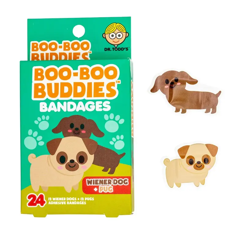 BOO-BOO BUDDIES BOÎTE DE 24 PANSEMENTS LUDIQUES - CHIEN SAUCISSE + PUG
