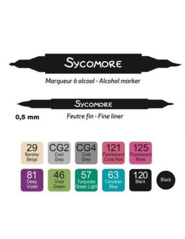 SYCOMORE 10 MARQUEURS DOUBLE POINTES À L'ALCOOL + 1 FEUTRE FIN