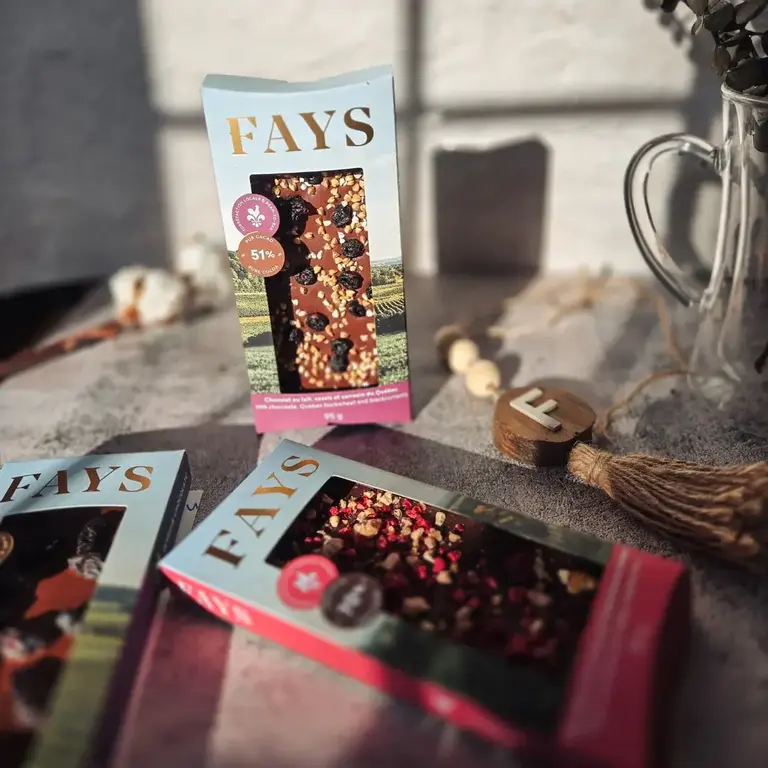 FAYS TERROIR CHOCOLATÉ TABLETTE DE CHOCOLAT NOIR 70% ET DUO DE FRAMBOISES DU QUÉBEC