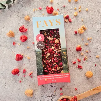 FAYS TERROIR CHOCOLATÉ TABLETTE DE CHOCOLAT NOIR 70% ET DUO DE FRAMBOISES DU QUÉBEC