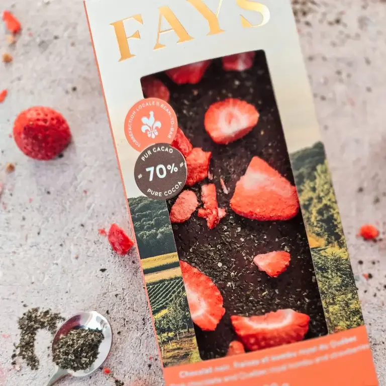 FAYS TERROIR CHOCOLATÉ TABLETTE DE CHOCOLAT NOIR, FRAISES ET KOMBU ROYAL DU QUÉBEC