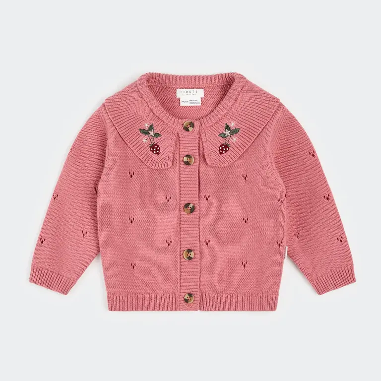 PETIT LEM PETIT LEM - CARDIGAN EN TRICOT POINTELLE À MOTIF DE FRAISE - ROSE