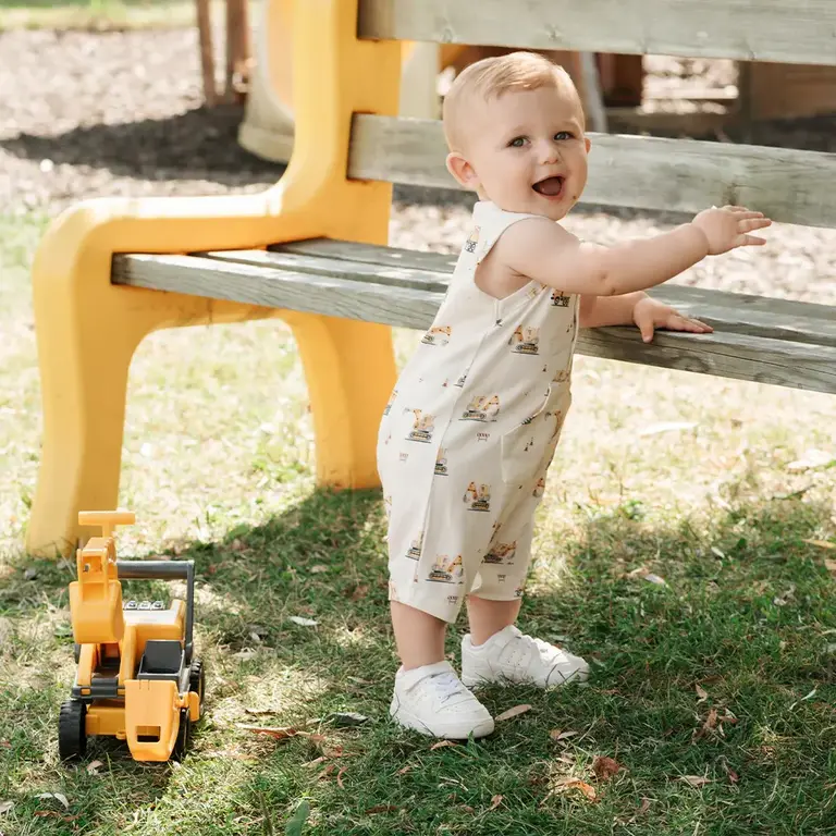 PETIT LEM COMBINAISON SANS MANCHE À IMPRIMÉ EXCAVATRICES - BLANC