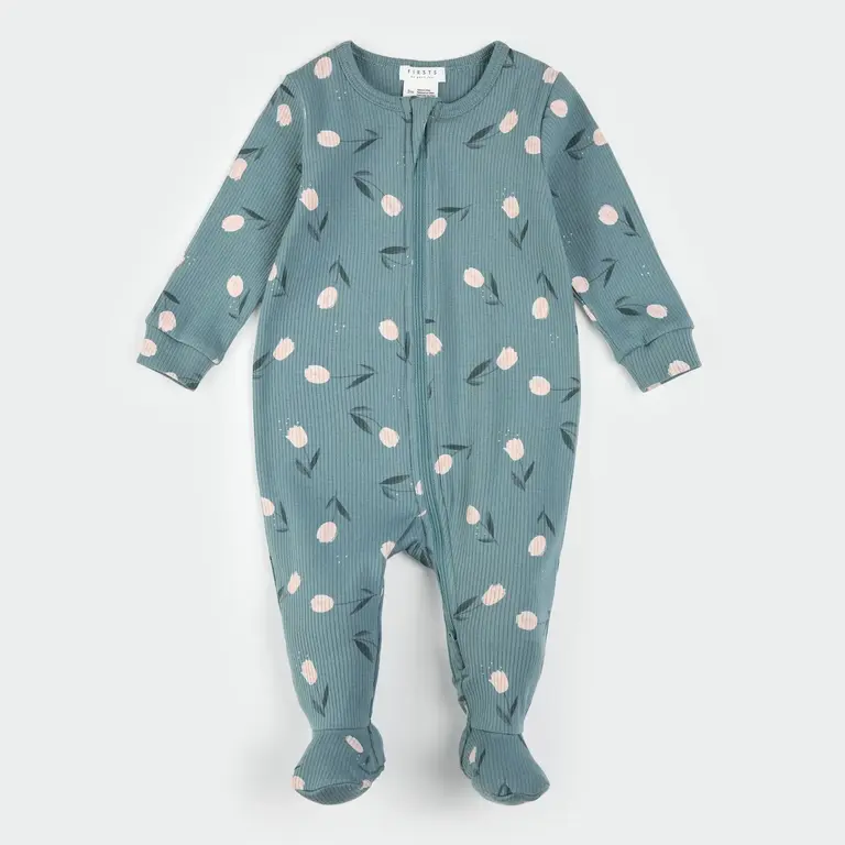 PETIT LEM PYJAMA À PATTES CÔTELÉ À IMPRIMÉ TULIPES - BLEU CANARD