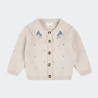 PETIT LEM CARDIGAN EN TRICOT POINTELLE À MOTIF DE TULIPES - CRÈME