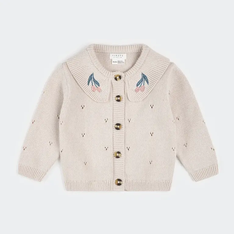 PETIT LEM CARDIGAN EN TRICOT POINTELLE À MOTIF DE TULIPES - CRÈME