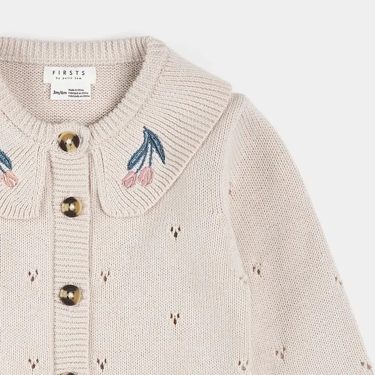 PETIT LEM CARDIGAN EN TRICOT POINTELLE À MOTIF DE TULIPES - CRÈME