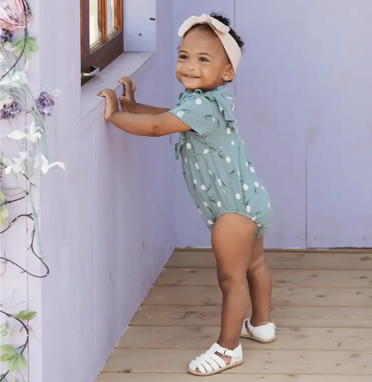 PETIT LEM ROMPER BULLE CÔTELÉ À IMPRIMÉ TULIPES - BLEU CANARD