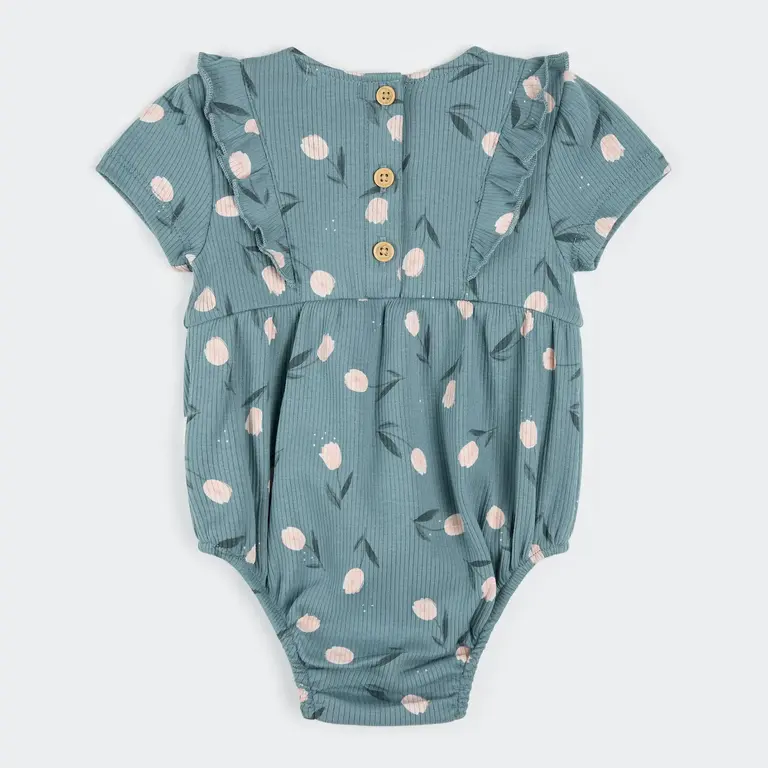 PETIT LEM ROMPER BULLE CÔTELÉ À IMPRIMÉ TULIPES - BLEU CANARD