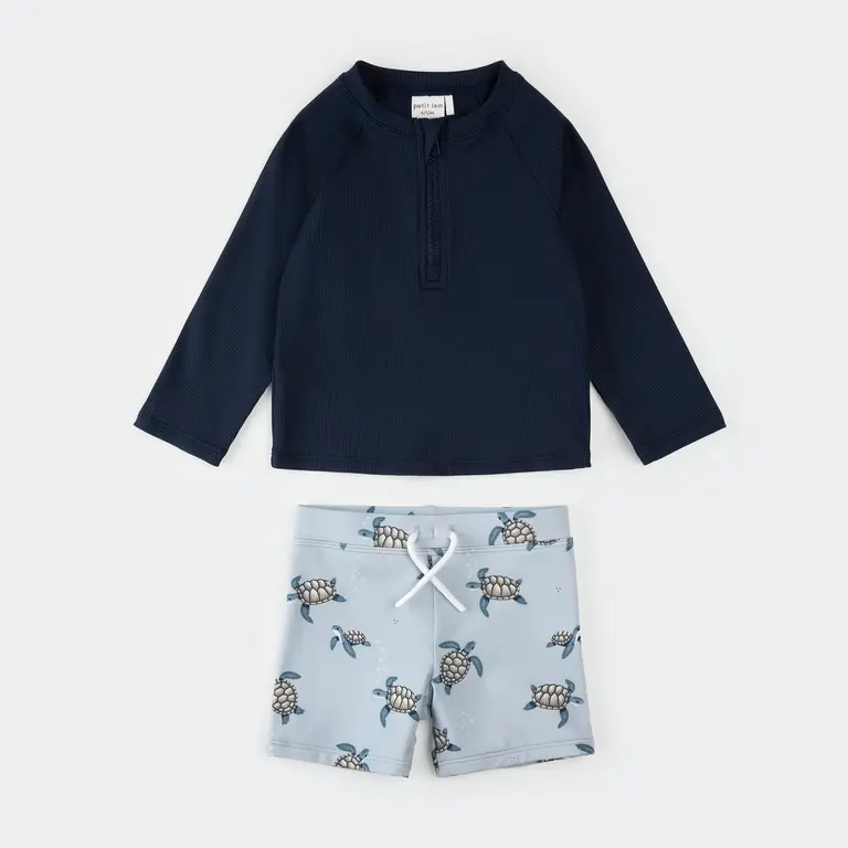 PETIT LEM MAILLOT 2 PIÈCES RASHGUARD IMPRIMÉ TORTUES DE MER - MARINE