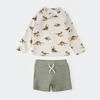 PETIT LEM MAILLOT 2 PIÈCES RASHGUARD IMPRIMÉ DINOSAURES - SAUGE