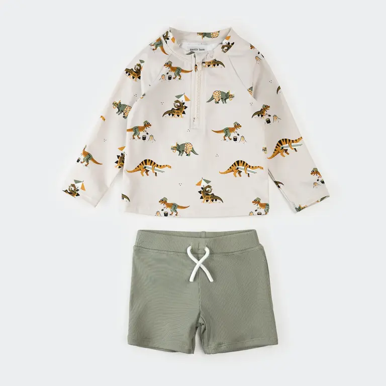 PETIT LEM MAILLOT 2 PIÈCES RASHGUARD IMPRIMÉ DINOSAURES - SAUGE