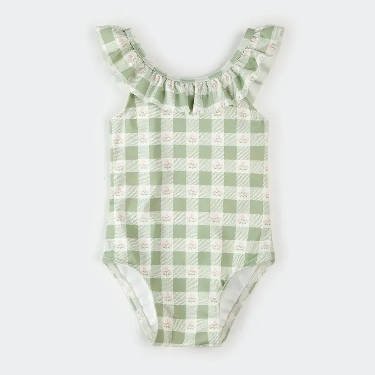 PETIT LEM ONE-PIECE FLORAL GINGHAM SWIMSUIT - GREEN