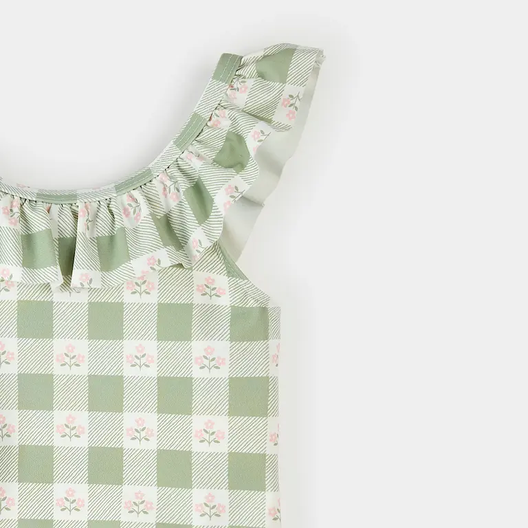 PETIT LEM MAILLOT UNE PIÈCE IMPRIMÉ VICHY FLORAL - VERT