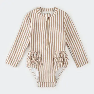 PETIT LEM LONG-SLEEVE STRIPED SEERSUCKER SWIMSUIT - BEIGE