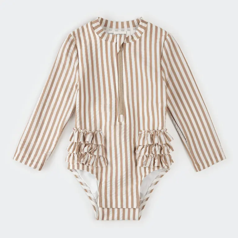 PETIT LEM LONG-SLEEVE STRIPED SEERSUCKER SWIMSUIT - BEIGE