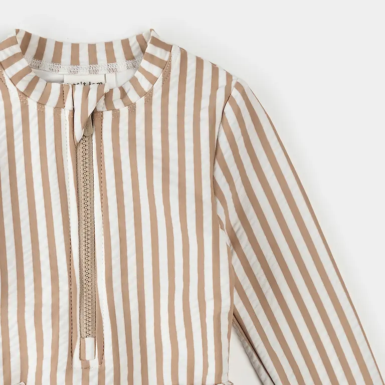 PETIT LEM LONG-SLEEVE STRIPED SEERSUCKER SWIMSUIT - BEIGE