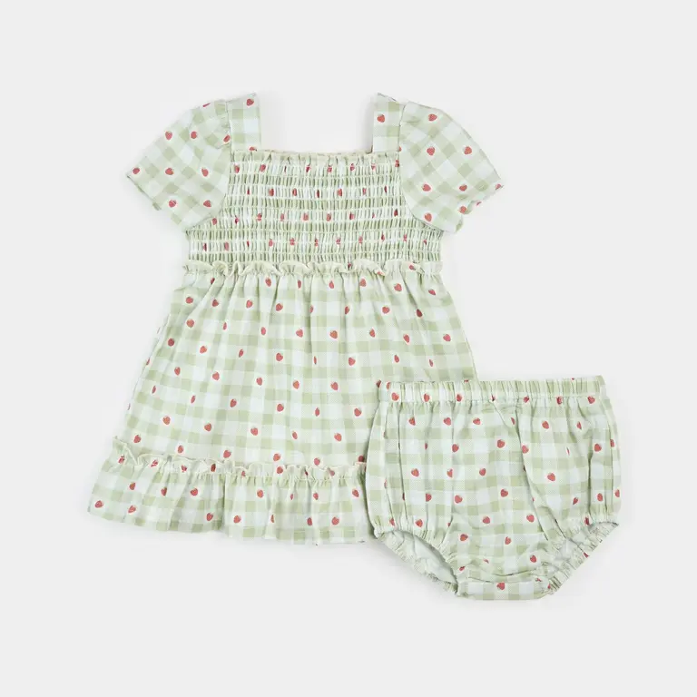 PETIT LEM DUO ROBE ET CULOTTE IMPRIMÉ VICHY FRAISE - VERT