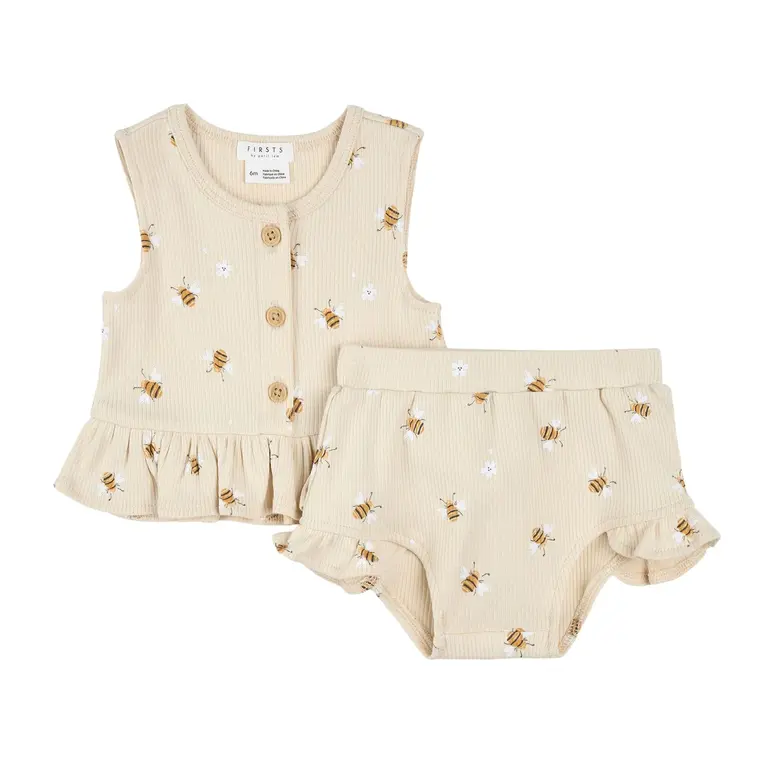 PETIT LEM ENSEMBLE 2 PIÈCES CÔTELÉ IMPRIMÉ ABEILLES - BEIGE