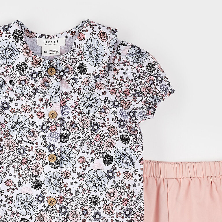 PETIT LEM ENSEMBLE 2 PIÈCES À IMPRIMÉS DE FLEURS RÉTRO - ROSE