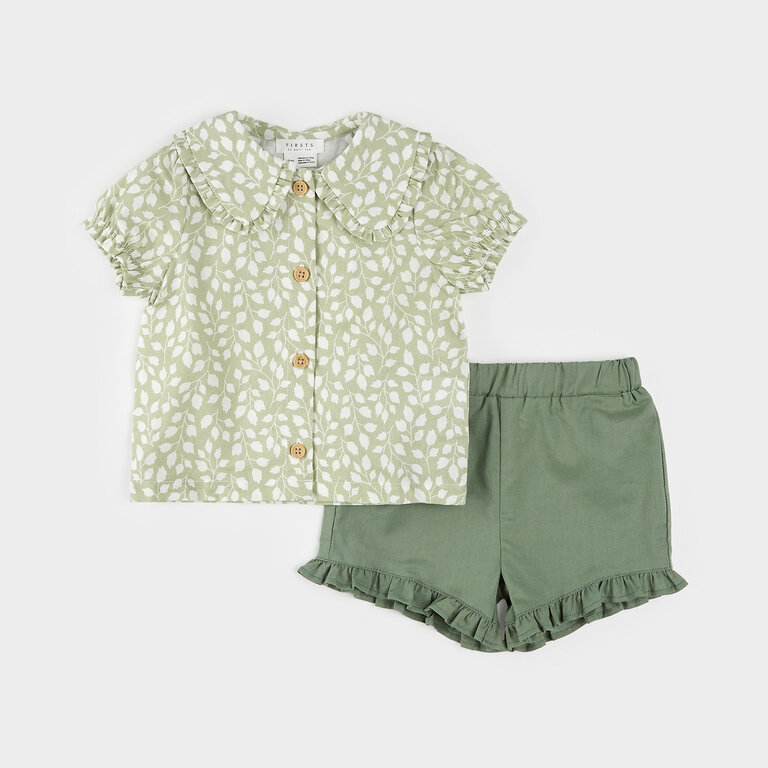 PETIT LEM ENSEMBLE 2 PIÈCES IMPRIMÉS DE FEUILLAGE - SAUGE