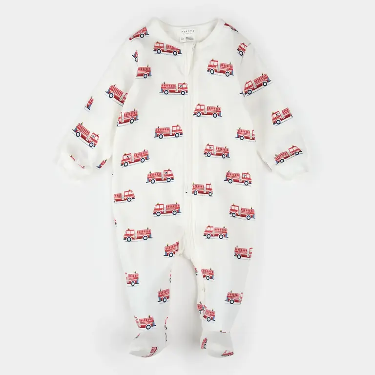 PETIT LEM PYJAMA À PATTES  À IMPRIMÉ DE CAMION DE POMPIERS - BLANC