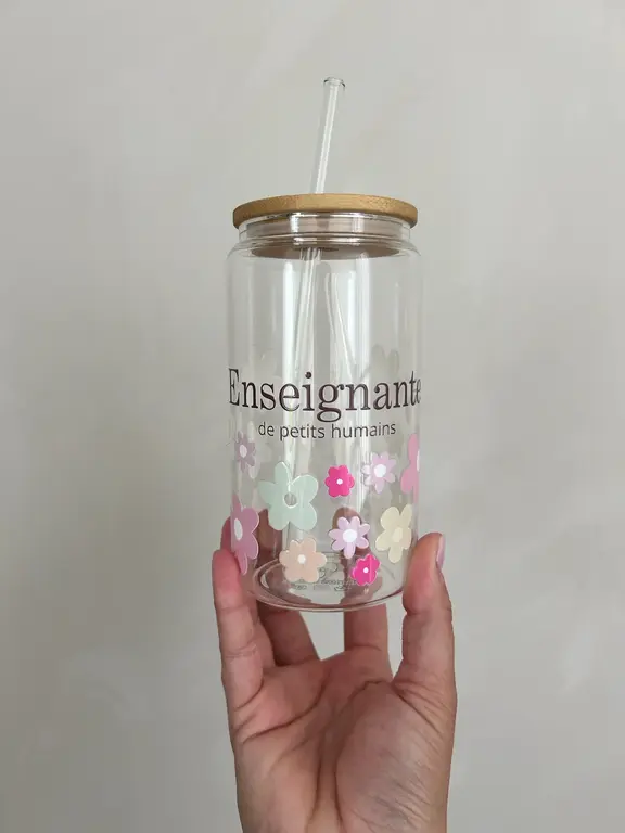 C.C CRÉATIONS BONHEUR CC CRÉATION - TUMBLER EN VERRE16 OZ - ENSEIGNANTE FLEURI