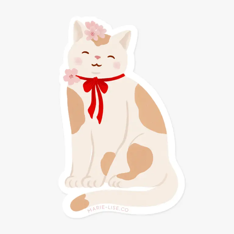 MARIE-LISE ILLUSTRATION AUTOCOLLANT DÉCOUPÉ - CHAT ET SAKURAS
