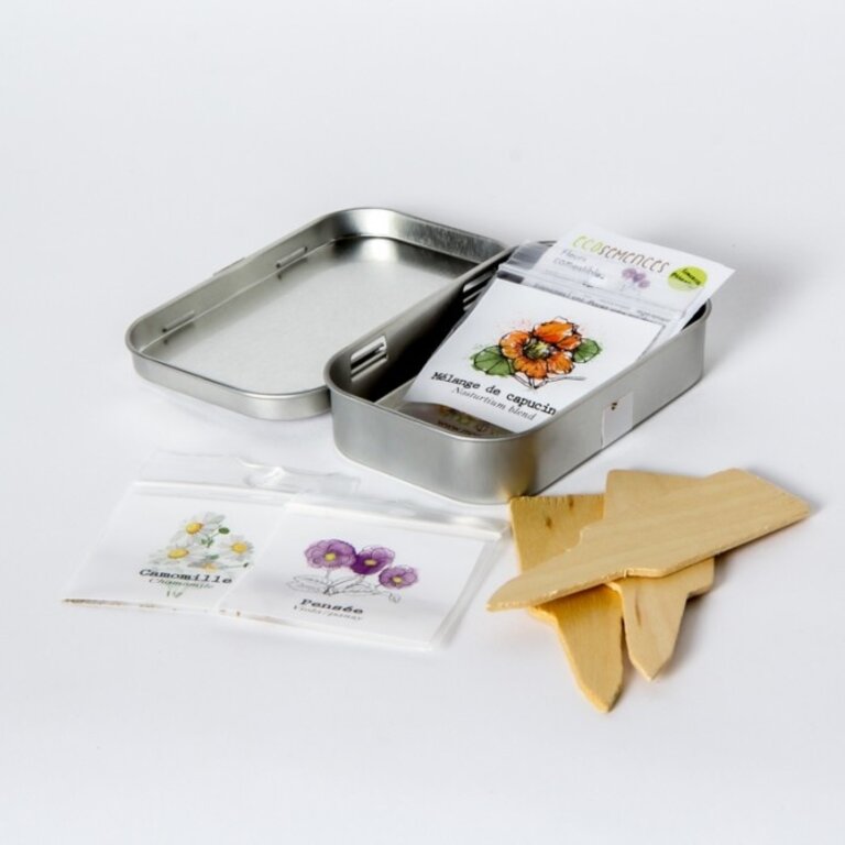 MANO VERDE MINI BOÎTE EN MÉTAL ÉCOSEMENCES - TRIO DE FLEURS COMESTIBLES