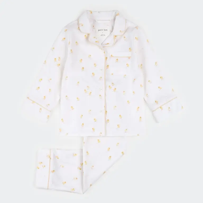 PETIT LEM PYJAMA 2 PIÈCES CHEMISIER EN POPELINE À IMPRIMÉ DE POUSSINS - BLANC