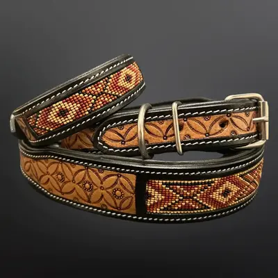 Butterfly Western Tooled Leather Desert Beaded Dog Collar Large