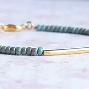Gilded Turquoise Seed Bead and Gold Filled Bar Bracelet 8"