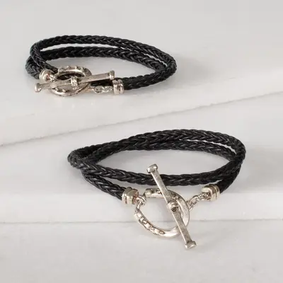 Urban Equestrian Urban Equestrian - Roundup - Braided Leather Horseshoe Bracelet - Black/Silver
