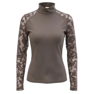 70 Degrees 70 Degrees - Mesh + Embroidered Floral Lace Sport Mock Neck - Marron Glace