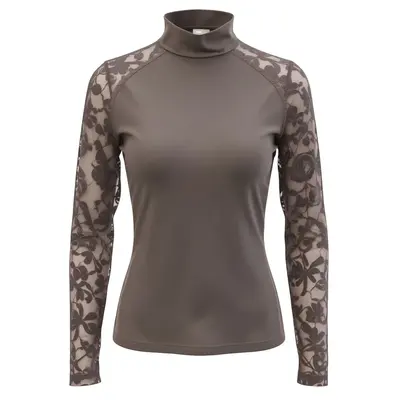 70 Degrees 70 Degrees - Mesh + Embroidered Floral Lace Sport Mock Neck - Marron Glace