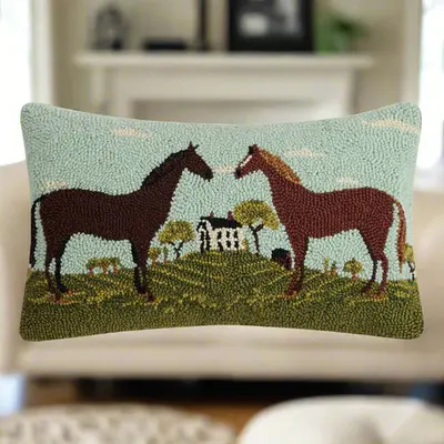 Peking Handicraft Peking Handicraft - Hook Pillow -  Black & Brown Horses by Warren Kimble - 12x20"