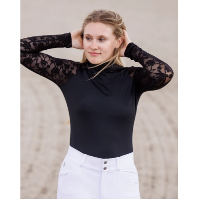 70 Degrees 70° - Mesh + Embroidered Floral Lace Sport Mock - Black