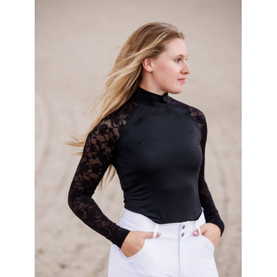 70 Degrees 70° - Mesh + Embroidered Floral Lace Sport Mock - Black