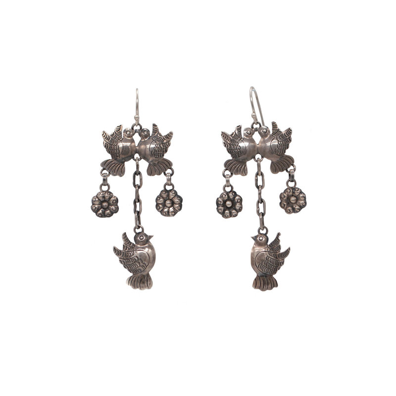 Silver Side Flowers & Dove Earrings