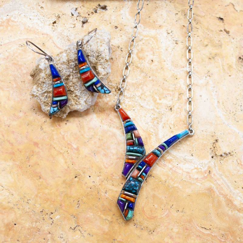 Set: Curvy Cobbled Inlay Necklace/Earring