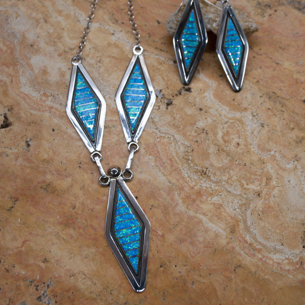 Blue Cultured Opal Inlay Necklace and Earrings